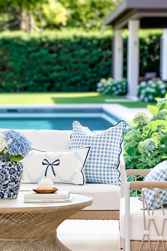 Hofdeco Premium Coastal Hampton Scalloped Patio Indoor Outdoor Throw Pillow Cover Only, 20"x20" Water Repellent for Backyard, Couch, Poolside, Azure Blue Navy Print Gingham