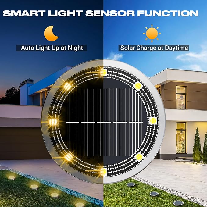 Solar Ground Lights Outdoor, 24 Pack Flat Solar Powered Disc Lights, IP68 Waterproof, Anti-Rust, Landscape Lighting for Pathway Garden Yard Lawn Walkway Landscape Driveway, Warm White