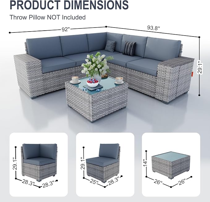 6-Piece Outdoor Patio Furniture Set, Rattan Wicker Conversation Set with Wide Armrests, Outdoor Modular Sectional Couch Seating Group Sofa for Deck Garden Porch (Gray Cushions)
