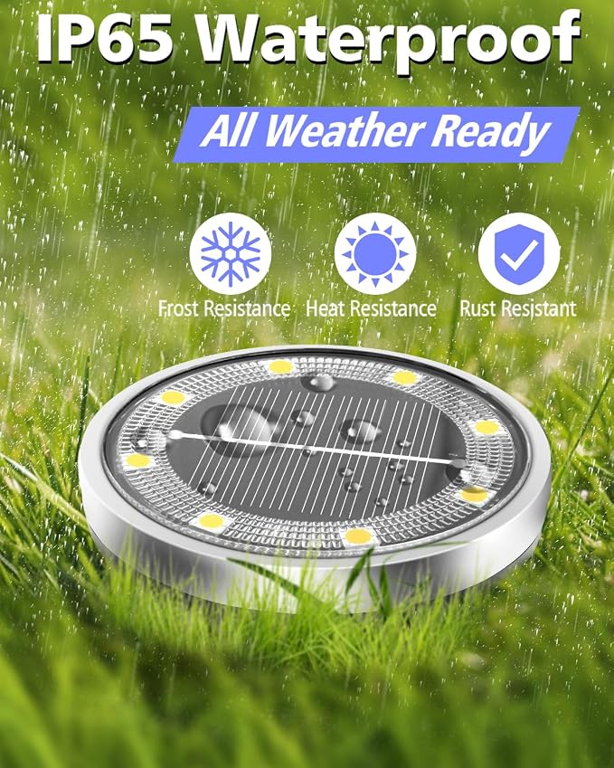 Solar Lights Outdoor Waterproof, 2 Pack 8 LED, Thickened Stainless Steel Ground Light, Solar Garden Lights Landscape Lighting for Patio Pathway Lawn Yard Deck Driveway Walkway, Cool White