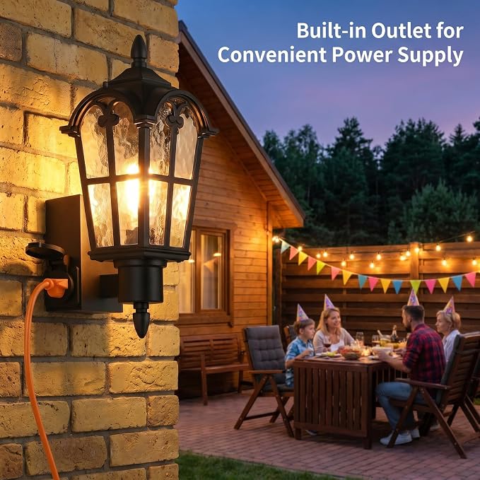 16’’ Large Outdoor Wall Lights with Outlet, Exterior Wall Lantern Sconces | Waterproof, Rust-resistant, Matte Black, Water Ripple Glass, Quick & Easy Installation, Retro & Traditional