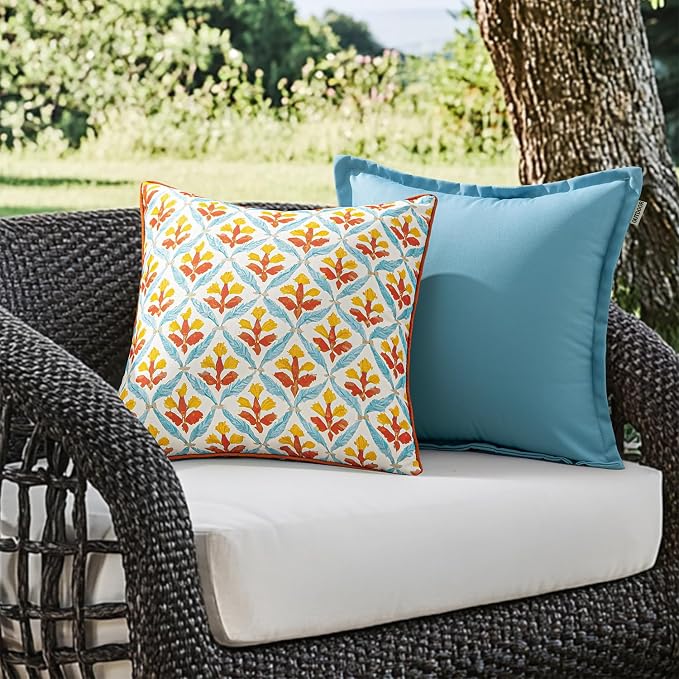 MIULEE Outdoor Floral Pillow Covers Waterproof 20x20 Orange Teal Red | Decorative Block Print,Boho Farmhouse, Set of 2 Coastal Summer Cushion Covers with Piping,Garden Patio Furniture Porch Couch
