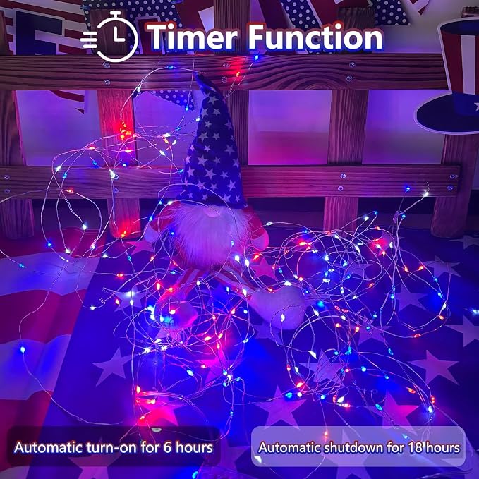 4th of July Fairy Lights Battery Operated 4 Pack 100 LED Red Blue White | Remote Control, 8 Modes, Timer, Adjustable brightness, Waterproof Lights for Indoor Outdoor Classroom Christmas Decor