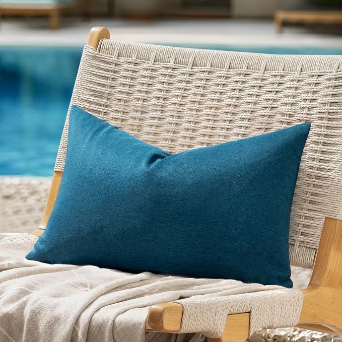 ANRODUO Pack of 2 Navy Blue Outdoor Pillow Covers for Patio Furniture Decorative Farmhouse Linen Cushion Sham Waterproof Lumbar Pillowcase for Garden Balcony Outdoor Decor 12x20 Inch