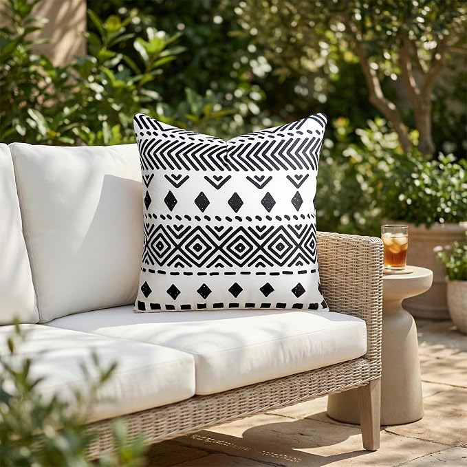 Adabana Outdoor Waterproof Pillow Covers 18x18 Set of 2 White Boho Design | Waterproof Fabric Designed for Patio Furniture, Porch, Balcony and Garden Decor