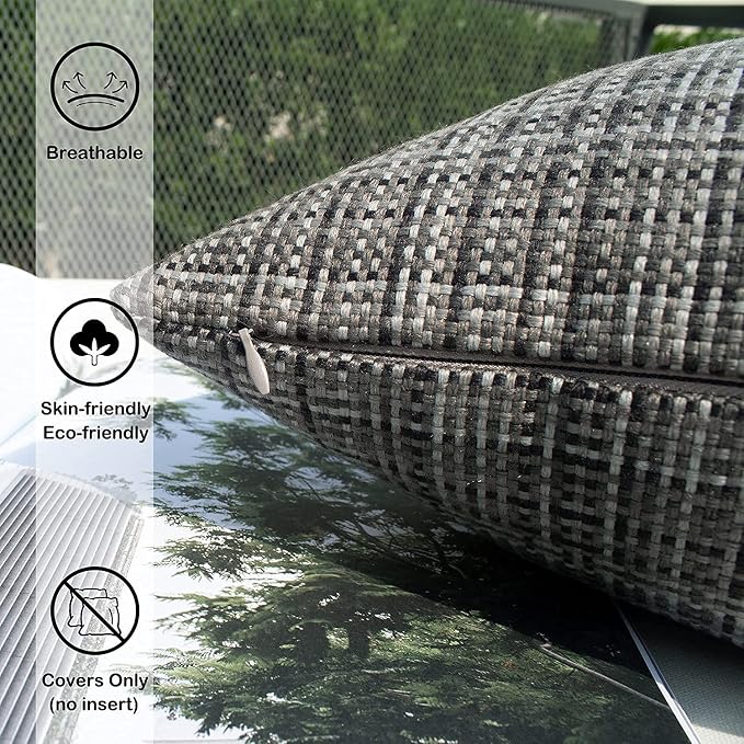 Kevin Textile Outdoor Waterproof 12"x24" Lumbar Pillow Covers 2 Pack, Grey | Water Resistant, Faux Linen Yarn-dyed, Woven Texture Throw Pillow Covers for Tent Patio Garden Couch Sofa