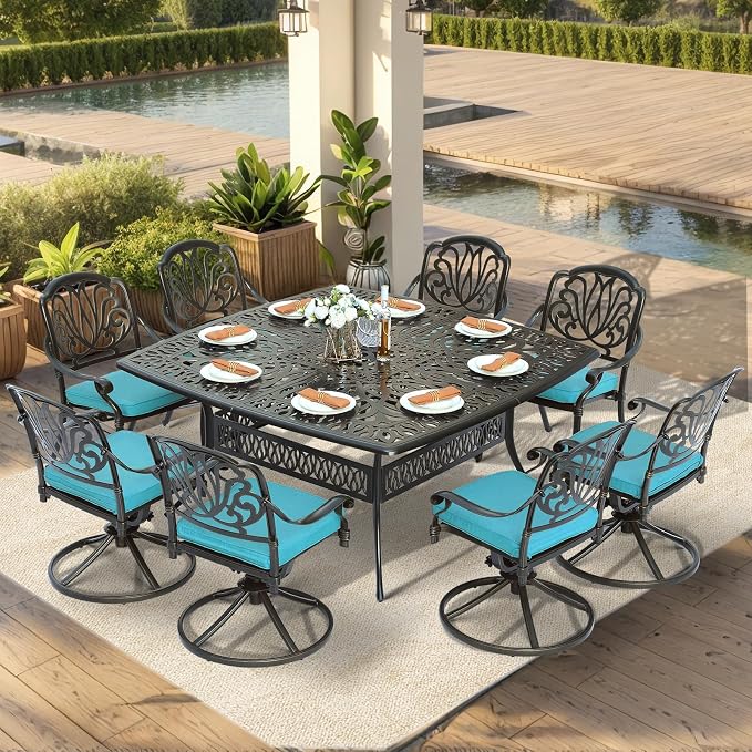 VIVIJASON 9-Piece Outdoor Furniture Dining Set, Cast Aluminum Patio Table and Chairs Set with 4 Stationary Chairs, 4 Swivel Rocker Chairs, 64" Large Square Dining Table, Umbrella Hole, Ocean Blue