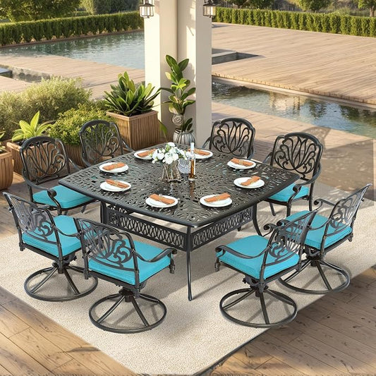 VIVIJASON 9-Piece Outdoor Furniture Dining Set, Cast Aluminum Patio Table and Chairs Set with 4 Stationary Chairs, 4 Swivel Rocker Chairs, 64" Large Square Dining Table, Umbrella Hole, Ocean Blue