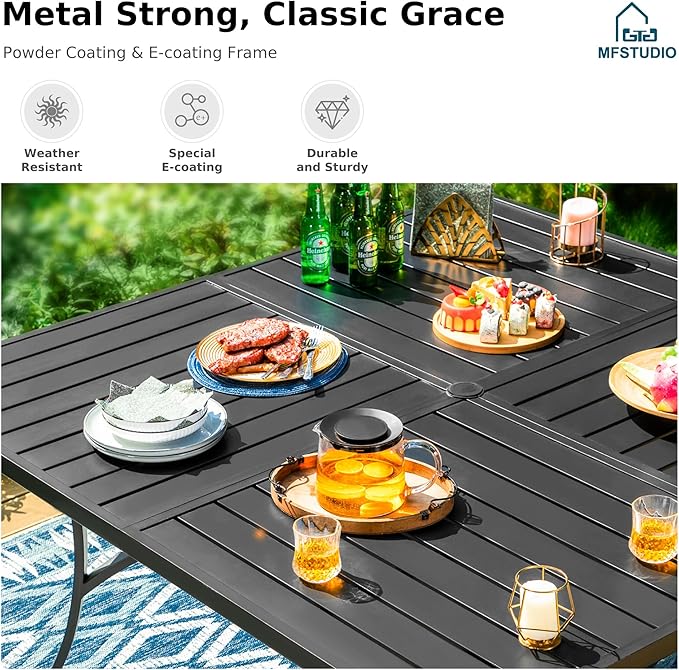 MFSTUDIO 9 Pieces Outdoor Dining Set for 8, 57" Square Table & Wicker Chairs with Cushions, Durable Patio Dining Furniture Set for Deck, Large E-Coated Metal Dining Table for 8