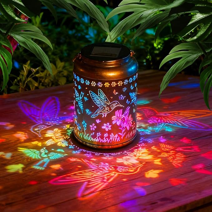 Waterproof Metal Hummingbird Solar Lantern Outdoor Hanging Garden Light | Colorful LED metal hummingbird lantern; durable, waterproof outdoor decor perfect for patio, yard, or as a gift for women