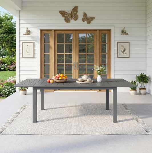 RoyalCraft Expandable Aluminum Outdoor Dining Table, 2-Adjustable Lengths Patio Dining Table for 6-10 Person, 91.33" L x 39.37" W Metal Patio Table with Adjustable Feet for Deck Garden Porch, Grey