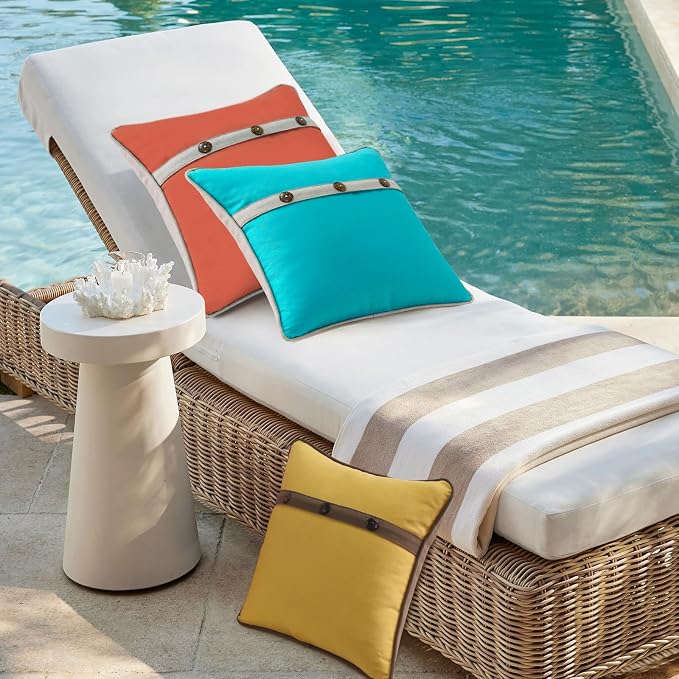 Outdoor Sunbrella Decorative Pillows with Triple Coconut Buttons Pack of 4, 16" x 16" Outdoor Pillow Set for Couch Bed Throw Patio Sofa, Spectrum Daffodil/Canvas Cocoa