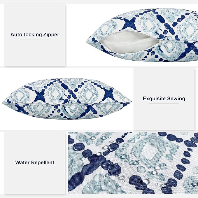 Outdoor Throw Pillows with Inners 20x20 Inch, Square Pillows Decorative for Home Garden Furniture Set of 2, Boho Geometry Blue