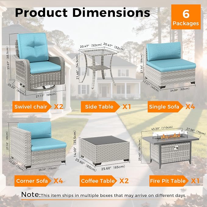 10-Seat Outdoor Wicker Patio Furniture Set with Fire Pit Table, Modular Rattan Sectional Sofa & 2 Swivel Rocking Chairs, 4" Thick Cushions, Rust-Resistant Frame,Blue