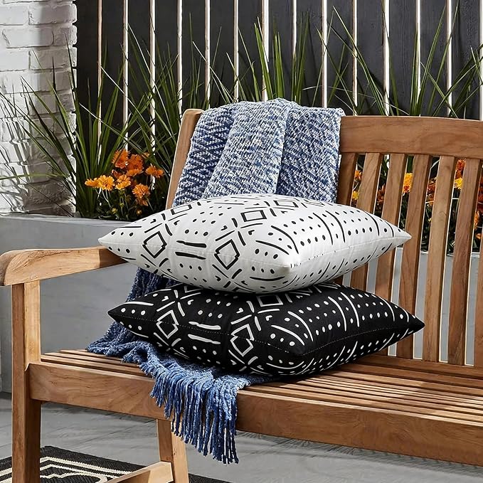 Merrycolor Black Outdoor Waterproof Decorative Throw Pillow Covers Set of 2 Bohemian Geometric Pattern Cushion Covers Perfect for Farmhouse Patios and Gardens Black