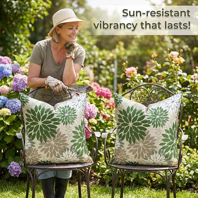Decorative Outdoor Waterproof Throw Pillow Covers 20×20 Inch Set of 2 Green and Grey Decorative Pillow Case Dahlia Flowers Cushion Covers Spring Summer for Garden Patio Living Room