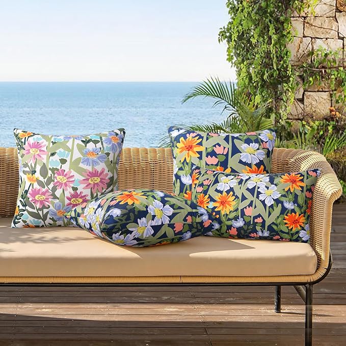 Pyonic Spring Summer Floral Outdoor Pillow Covers 20x20 inch Waterproof Throw Pillow Covers Outdoor Pillows for Patio Furniture Garden Bench Porch,Navy Blue