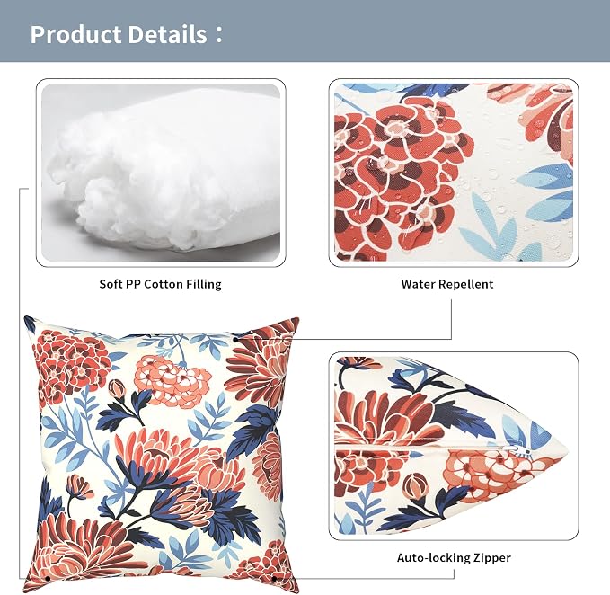 Outdoor Pillows with Insert 18x18 Inch, Waterproof Throw Pillow for Patio Furniture, Decorative Back Cushion for Garden Home Sofa Office Chair, Set of 2, Red Chrysanthemum