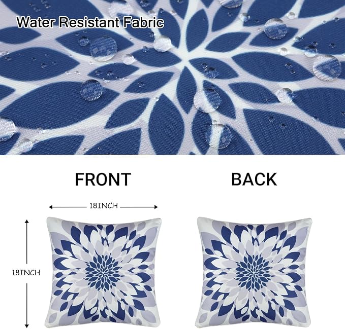 JASEN Outdoor Waterproof Pillow Covers, Blue Floral Pillow Covers, Set of 2 18x18, Double-Sided Decorative Outside Throw Pillows for Patio Furniture Couch Porch Garden