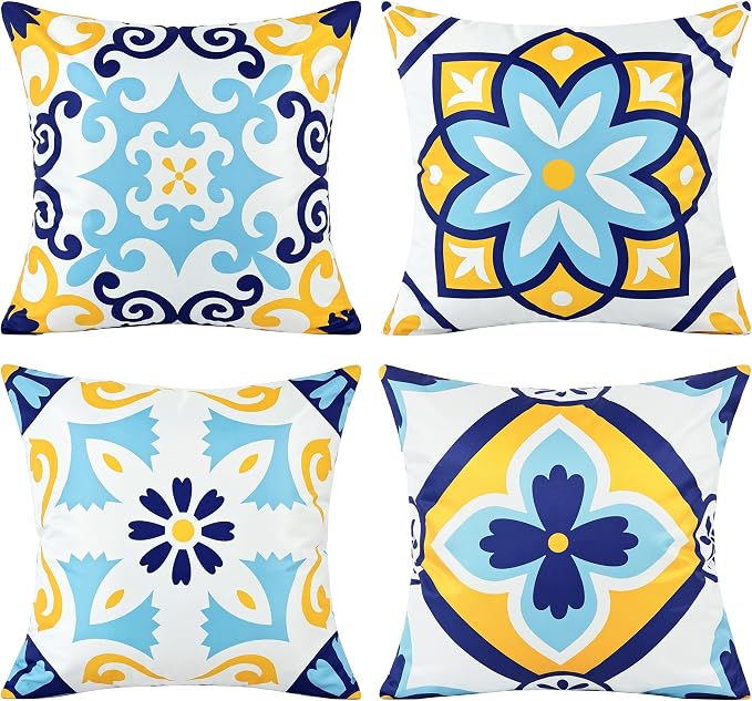 Outdoor Waterproof Throw Pillow Covers 18x18 Set of 4, Blue Yellow Morden Geometric Pattern Decorative Pillow Cover, Boho Farmhouse Cushion Cases for Summer Patio Funiture Garden Bench Couch