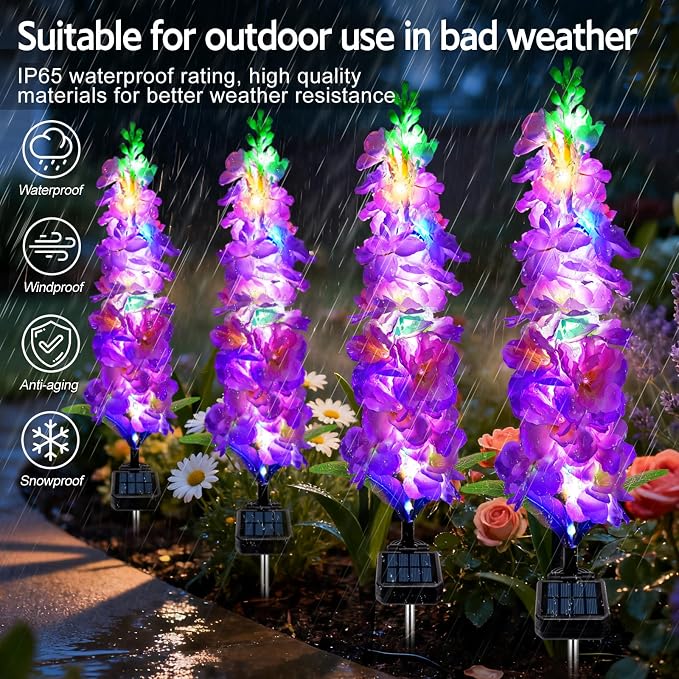 MRHEPHAESTUS Solar Garden Lights, Solar Purple Delphinium Flowers Lights 8 Pack 160 LEDs, Waterproof Outdoor Light Two Lighting Modes for Outside Wedding Party Garden Yard Patio Lawn Decor