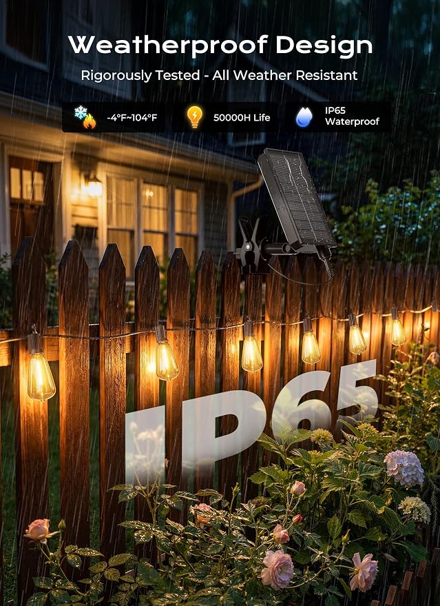 Brightown 52FT Solar String Lights Outdoor Waterproof, 26Hrs Runtime | 15+1 LED Bulbs, USB & Solar Powered, Remote Control & Dimmable Timer, Ideal for Backyard, Garden, Camping & Party Decor