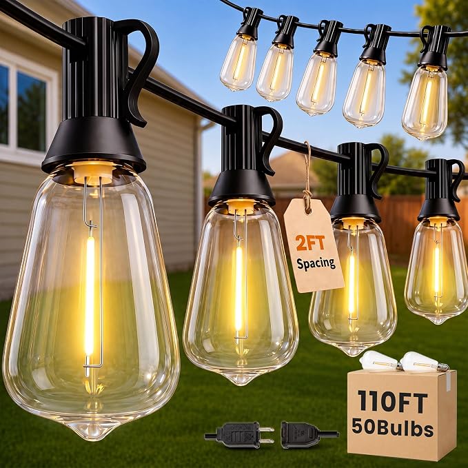 110FT(100+10) String Lights Outdoor, 2FT Bulb Spacing, Waterproof Shatterproof Warm White ST38 LED Edison Bulbs, Extension Cord, Plug in Connectable Hanging Patio Lights for Outside, Backyard