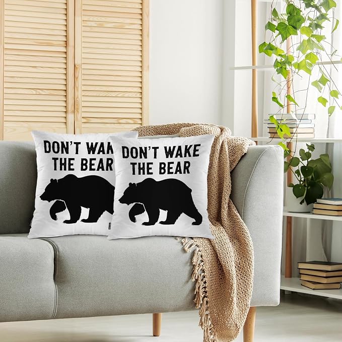 Swono Decorative Square Pillow Covers 18x18 Inch Bear, Don't Wake The Bear Quote Polyester Pillow Case Set of 2, Soft Cushion Cover Pillowcases for Home Bedroom Couch Sofa Armchair, Black Bear