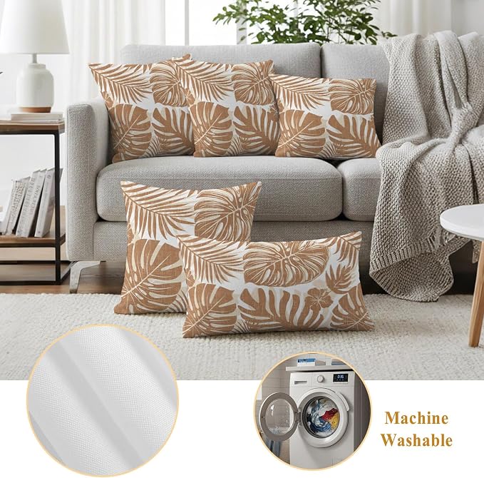 Brown Palm Leaves Outdoor Pillow Covers 18"x18" Set of 2, Tropical Botanical Minimalist Modern Waterproof Throw Pillow Covers for Patio Furniture, Decorative Cushion Covers for Porch