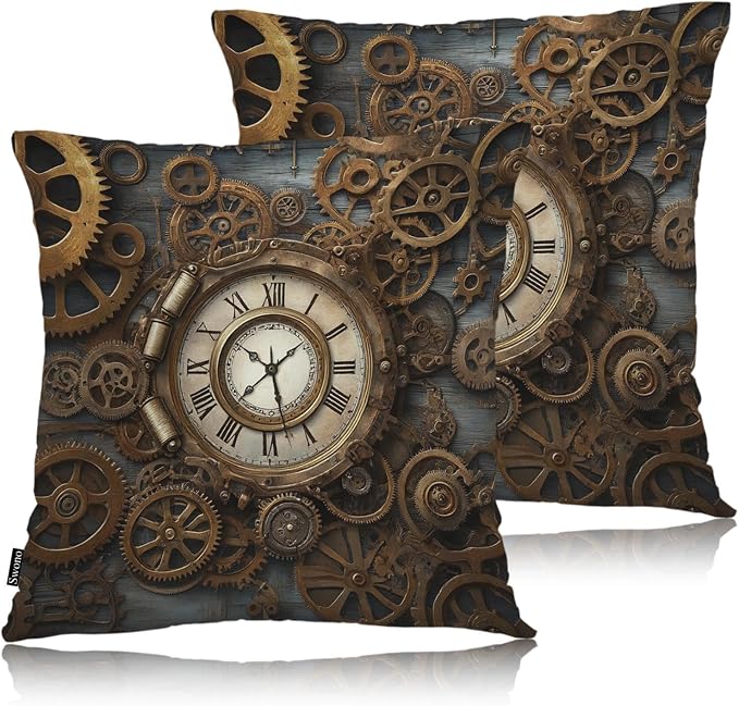 Swono Outdoor Pillow Covers Steampunk, Rusty Steampunk Clock Retro Gears Home Decorative Throw Pillow Case Cushion Cover for Men/Woman/Bed/Sofa/Office/Car 18x18 Inch, 2Pcs Pillow Covers, Gold Bronze