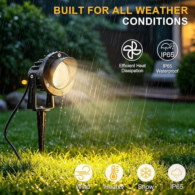 Romwish 12W LED Landscape Spotlights, 120V Plug-in Outdoor Lighting, 4 Pack | 1200LM Brightness with 3000K Warm White, IP65 Waterproof, Adjustable 270° Head & 60° Beam for Tree, Garden, Pathway and Yard