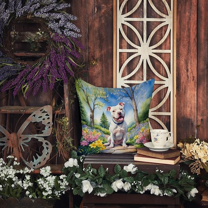 Caroline's Treasures Pit Bull Terrier Spring Path Throw Pillow Machine Washable, Indoor Outdoor Decorative Pillow for Couch, Bed or Patio, 14Hx14W