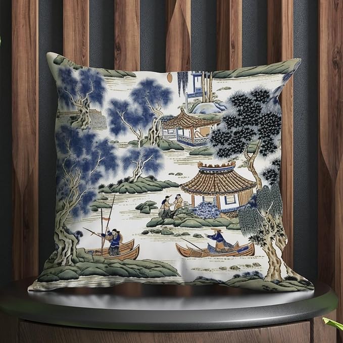 Asian Scenic Pillow Cover Blue and Green Chinoiserie Throw Pillow Cover Farmhouse Decorative Cushion Cases Home Decor for Bedroom Sofa Bench Porch 18x18 in
