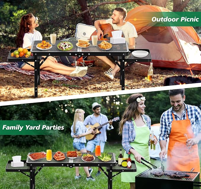 Folding Camping Table with 2 Extra Desktop, Height Adjustable Portable Grill Table, Metal Outdoor Grill Table for Outside, Camping Cooking Tables for Picnic, BBQ, 53.14 x 26.6 x 23.6 inches Large Size