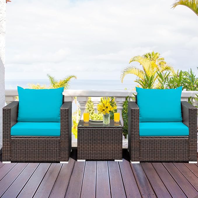 HAPPYGRILL 3 Pieces Patio Furniture Set PE Rattan Wicker Sofa Set with Cushions and Coffee Table Outdoor Patio Conversation Set for Garden Poolside Balcony