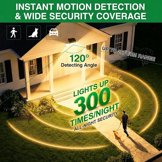 Solar Outdoor Lights Motion Sensor, 2500LM 286 LED Security Flood Lights with Visual Battery & Mode Display, 3 Lighting Modes, IP65 Waterproof 3-Head Wide Angle for Garage, Yard, Patio (2P Warm White)