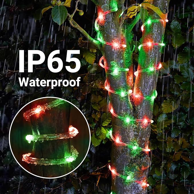 Solar Rope Lights, 33ft 100LED Solar String Lights, 8 Modes Waterproof Solar Outdoor Light, Flexible Clear Trampoline Light for Garden Backyard Patio Deck Porch Pool Tree Decoration - Red & Green