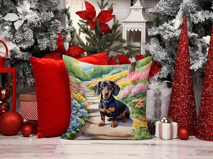 Caroline's Treasures Dachshund Spring Path Throw Pillow Machine Washable, Indoor Outdoor Decorative Pillow for Couch, Bed or Patio, 14Hx14W