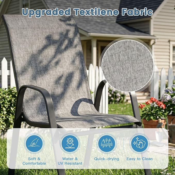 DIFY 5 Piece Outdoor Dining Set, 38" Square Metal Patio Table and Textilene Stackable Chairs for 4, All Weather Patio Furniture Set with Umbrella Hole for Backyard Garden Deck, Grey