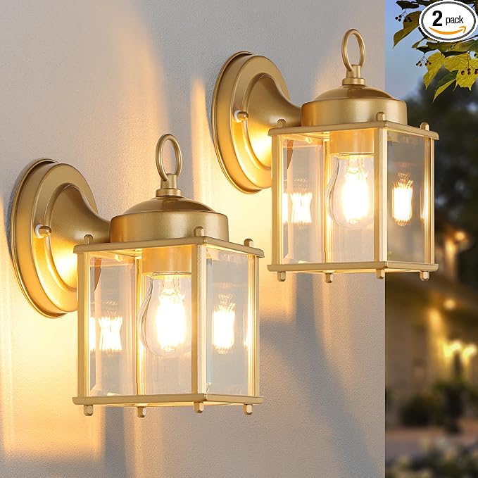 MATAMEYE Outdoor Wall Lantern, Exterior Waterproof Wall Sconce Light Fixtures, Gold Front Door Lighting with Clear Beveled Glass Shade, 2 Pack