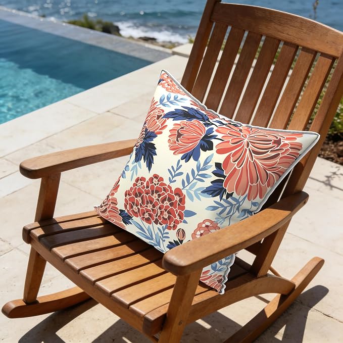 LVTXIII Outdoor/Indoor Pillow Covers, Patio Fade Resistant Throw Pillow Covers ONLY, Waterproof Farmhouse Accent Cushion Cases for Sofa Patio Couch Decoration 20"x20" Set of 2, Red Chrysanthemum