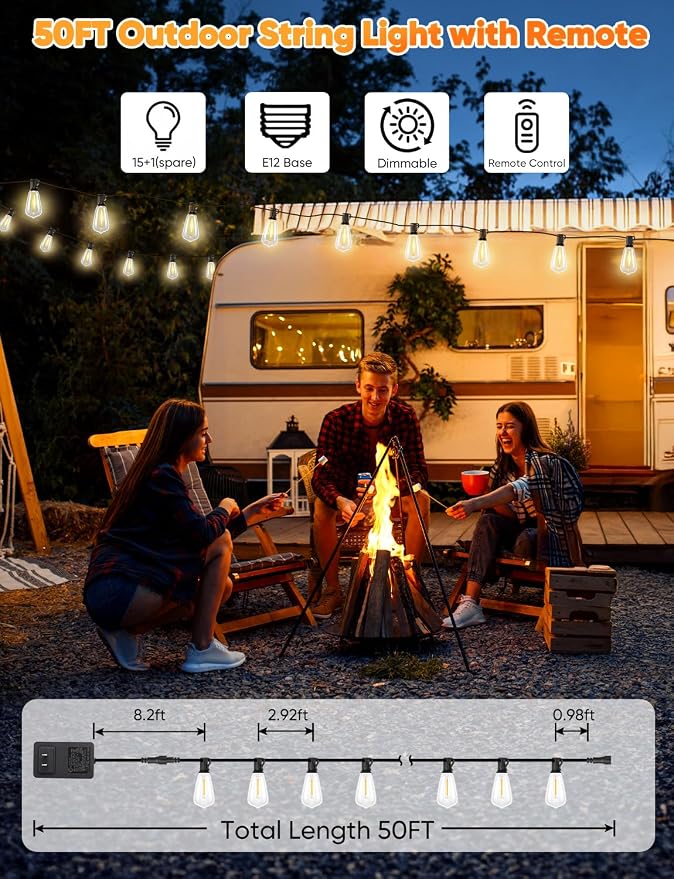 50FT Outdoor String Lights with Remote, LED String Lights for Outside with 16 Shatterproof ST38 Vintage Edison Bulbs, 3 Modes 2 Timer Dimmable Outside Lighting for Patio, Gazebo, Deck, Yard