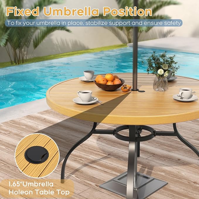 Outdoor Patio Dining Set for 6, 7 Pieces Patio Table and Chairs Set with Umbrella Hole, 47"x 47" Round Metal Wood-Grain Dining Table Set with 6 Stackable Patio Chairs for Deck , Backyard, Porch