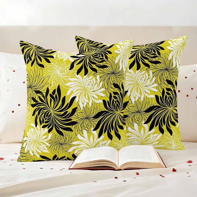 Yukro Yellow Black Floral Outdoor Waterproof Pillow Covers Pack of 2, Vintage Yellow White Black Flower Decorative Throw Pillowcases Cushion Covers for Garden Patio Tent Sofa Couch, 24x24 inch