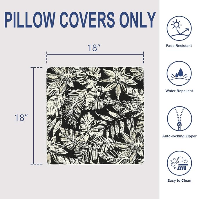 Outdoor Throw Pillow Covers Pack of 2, Decorative Water Repellent Square Pillow Cases with Piping 18x18 Inch, Tropical Leaf Black