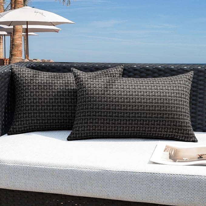 Kevin Textile Outdoor Waterproof 14"x24" Pillow Covers 2 Pack, Black | Water Resistant Weaving Faux Linen Texture Throw Pillow Covers, Outside Decorative Pillowcases for Garden Patio Balcony Couch