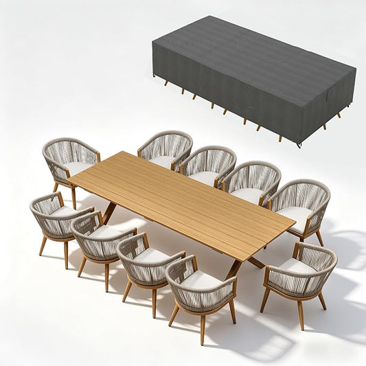 PURPLE LEAF Outdoor Dining Set with Waterproof Furniture Cover 11-Piece All-Weather Patio Set for 10 with Woodgrain Aluminum Table Rope Weave Chairs and Cushions, Teak