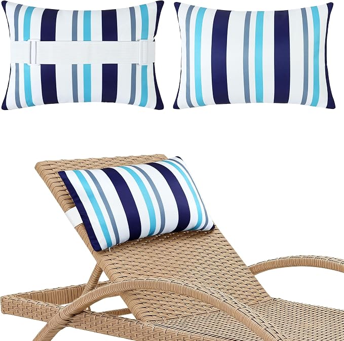 2 Pcs Outdoor Headrest Pillow for Patio Chaise Lounge 11"x16" | Navy Blue Striped Waterproof Pillows with Insert Adjustable Elastic Strap, Chair Head Resting Pillow for Recliner Beach Pool