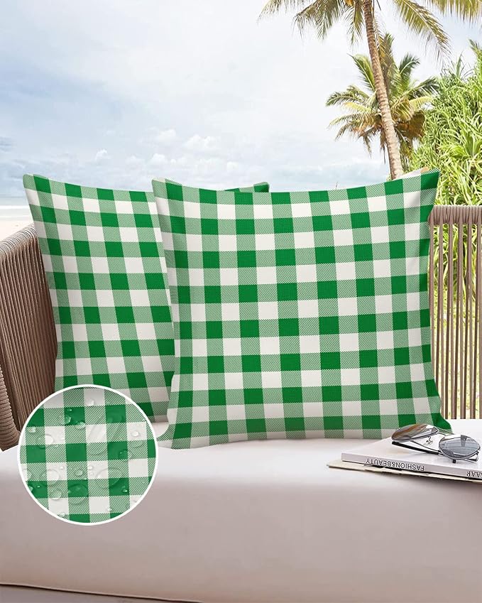 Outdoor Waterproof Throw Pillow Covers Set of 2 Green Buffalo Check Plaid Pillowcases 24x24 Inches Farmhouse Style Patio Decorative Pillows Cushion Case Patio Pillows for Couch Bed Chair Garden