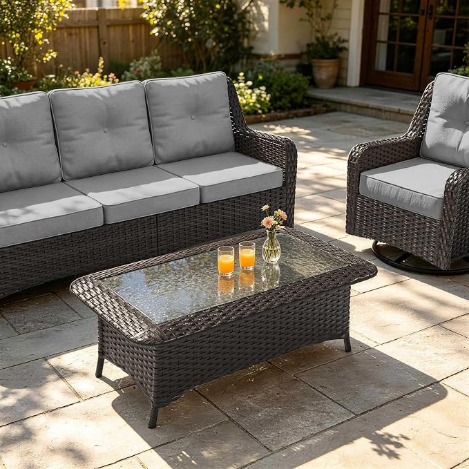 Outdoor Coffee Table with Tempered Glass Top, Wicker Patio Coffee Table Compatible with Patio Furniture Sets for Porch, Deck, Backyard, Brown